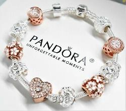Authentic Pandora Silver Charm Bracelet WHITE & ROSE GOLD HEART European Beads
