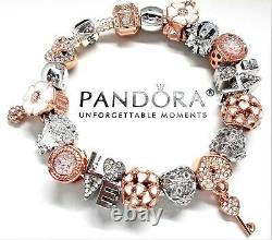 Authentic Pandora Silver Charm Bracelet With Love Rose Gold Charms Heart & Key