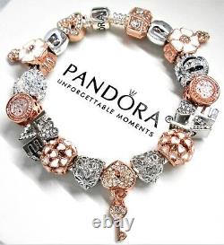 Authentic Pandora Silver Charm Bracelet With Love Rose Gold Charms Heart & Key