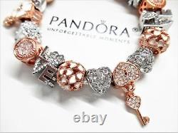 Authentic Pandora Silver Charm Bracelet With Love Rose Gold Charms Heart & Key