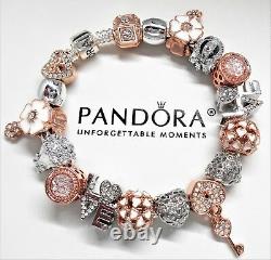 Authentic Pandora Silver Charm Bracelet With Love Rose Gold Charms Heart & Key