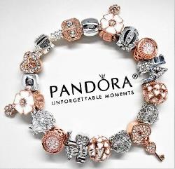 Authentic Pandora Silver Charm Bracelet With Love Rose Gold Charms Heart & Key