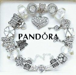 Authentic Pandora Silver Charm Bracelet With WHITE LOVE HEART European Beads