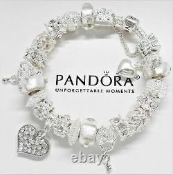 Authentic Pandora Sterling Silver Charm Bracelet White Love With European Charms