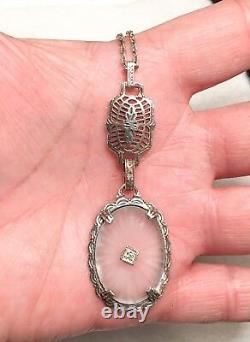 Awesome Filigree Art Deco Sterling Silver Heavy Ornate Lg. Camphor Glass Pendant