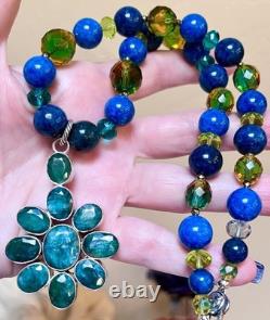 BEAUTIFUL Sterling Silver Brilliant Blue-Green Apatite & Art Glass Necklace