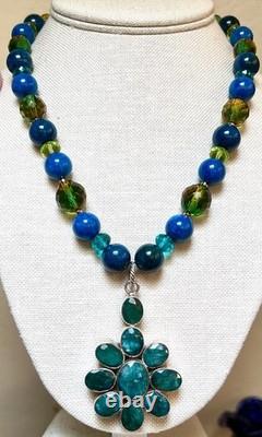 BEAUTIFUL Sterling Silver Brilliant Blue-Green Apatite & Art Glass Necklace