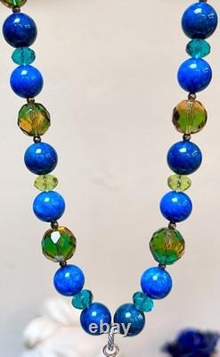 BEAUTIFUL Sterling Silver Brilliant Blue-Green Apatite & Art Glass Necklace
