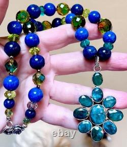 BEAUTIFUL Sterling Silver Brilliant Blue-Green Apatite & Art Glass Necklace
