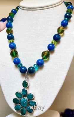 BEAUTIFUL Sterling Silver Brilliant Blue-Green Apatite & Art Glass Necklace