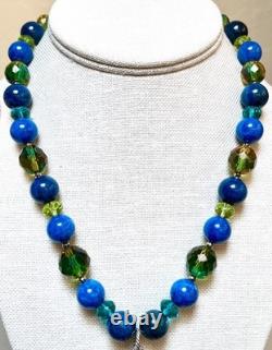 BEAUTIFUL Sterling Silver Brilliant Blue-Green Apatite & Art Glass Necklace