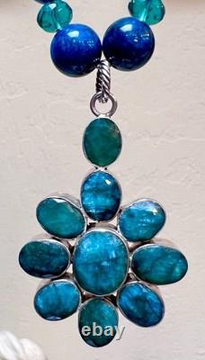 BEAUTIFUL Sterling Silver Brilliant Blue-Green Apatite & Art Glass Necklace BEAUTIFUL Sterling Silver Brilliant Blue-Green Apatite & Art Glass Necklace