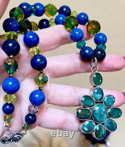 BEAUTIFUL Sterling Silver Brilliant Blue-Green Apatite & Art Glass Necklace