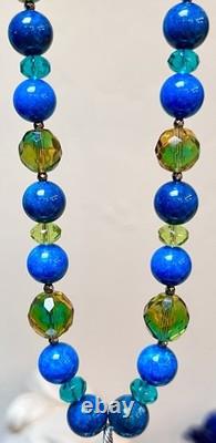 BEAUTIFUL Sterling Silver Brilliant Blue-Green Apatite & Art Glass Necklace