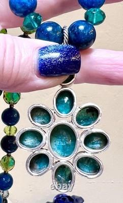 BEAUTIFUL Sterling Silver Brilliant Blue-Green Apatite & Art Glass Necklace