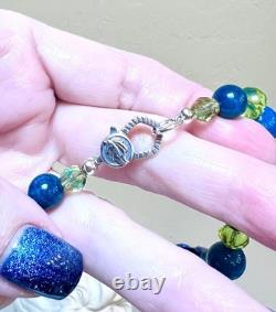 BEAUTIFUL Sterling Silver Brilliant Blue-Green Apatite & Art Glass Necklace