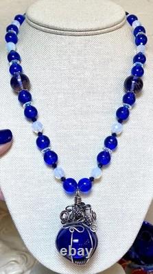 BEAUTIFUL Sterling Silver Cobalt Venetian Art Glass & Opalescent Bead Necklace
