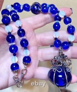 BEAUTIFUL Sterling Silver Cobalt Venetian Art Glass & Opalescent Bead Necklace