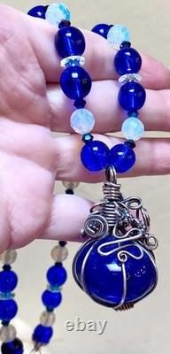 BEAUTIFUL Sterling Silver Cobalt Venetian Art Glass & Opalescent Bead Necklace