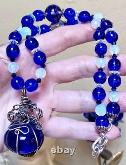 BEAUTIFUL Sterling Silver Cobalt Venetian Art Glass & Opalescent Bead Necklace