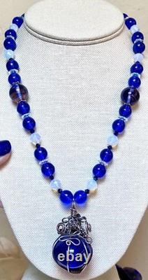 BEAUTIFUL Sterling Silver Cobalt Venetian Art Glass & Opalescent Bead Necklace