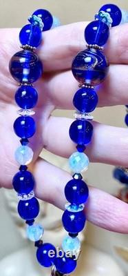 BEAUTIFUL Sterling Silver Cobalt Venetian Art Glass & Opalescent Bead Necklace