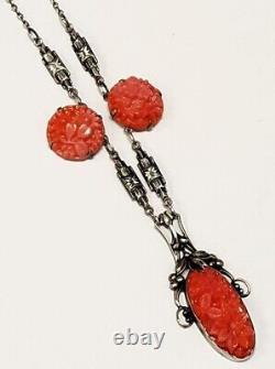 Beautiful Antique 30's Art Nouveau Molded Coral Glass Sterling Silver Necklase
