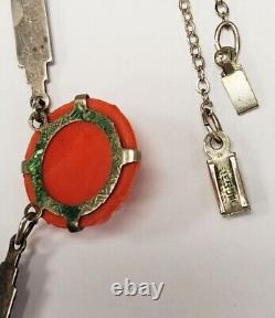 Beautiful Antique 30's Art Nouveau Molded Coral Glass Sterling Silver Necklase