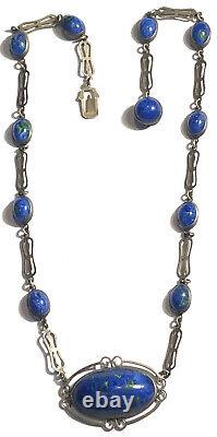 Beautiful Arts & Crafts Sterling Silver & Lapis Blue Art Glass Necklace 16