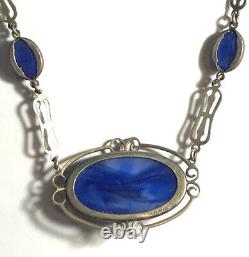 Beautiful Arts & Crafts Sterling Silver & Lapis Blue Art Glass Necklace 16