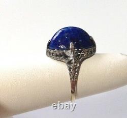 Beautiful Cobalt Blue Art Glass Antique Art Deco Sterling Silver Filigree Ring 6