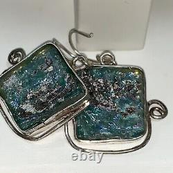 Beautiful New 925 Sterling Silver Roman Glass Full Bead Earring, Unique Square