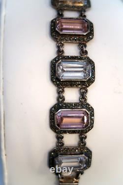 Beautiful Vintage Sterling Silver Art Deco Glass Marcasite Panel Link Bracelet