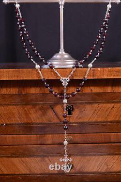 Beautiful french Antique Rosary Sterling Silver garnet glass filigree 19thc rare