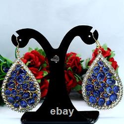 Big Natural Blue Sapphire & White Topaz Earrings 925 Sterling Silver