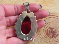 Big Red Glass & Sterling Silver Dot Design Pendant & Sterling Silver Necklace