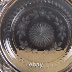 Birks Sterling Silver & Cut Glass Engraved Flowers Tray 11.5 Across VGC