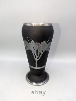 Black Satin Glass Sterling Silver Overlay Vase Tiffin Company Flowers 6-5/8