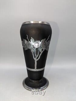 Black Satin Glass Sterling Silver Overlay Vase Tiffin Company Flowers 6-5/8