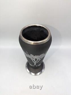 Black Satin Glass Sterling Silver Overlay Vase Tiffin Company Flowers 6-5/8