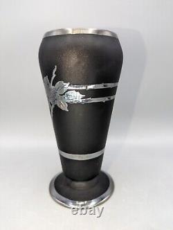 Black Satin Glass Sterling Silver Overlay Vase Tiffin Company Flowers 6-5/8