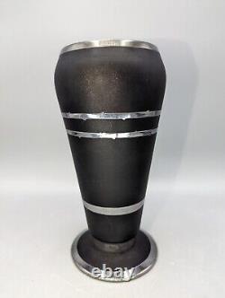 Black Satin Glass Sterling Silver Overlay Vase Tiffin Company Flowers 6-5/8