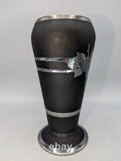 Black Satin Glass Sterling Silver Overlay Vase Tiffin Company Flowers 6-5/8