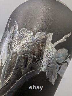 Black Satin Glass Sterling Silver Overlay Vase Tiffin Company Flowers 6-5/8