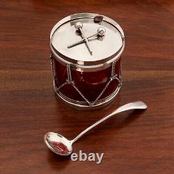 Blackinton Sterling Silver Cranberry Glass Jam Pot Sugar Bowl Drum Form Ladle