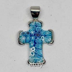 Blue Murano Glass Millefiori Cross Pendant 925 Sterling Silver Signed Alan K