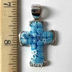 Blue Murano Glass Millefiori Cross Pendant 925 Sterling Silver Signed Alan K