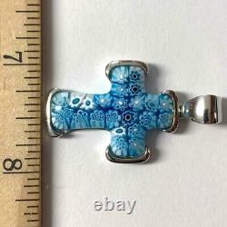 Blue Murano Glass Millefiori Cross Pendant 925 Sterling Silver Signed Alan K