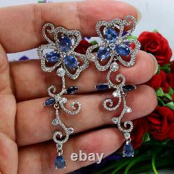 Blue Sapphire & Simulated Cz Long Earrings 925 Sterling Silver
