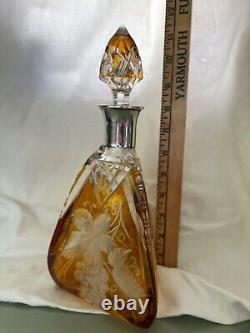 Bohemian Amber Cut to Clear Glass Sterling Silver Decanter grapes vintage